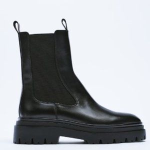 ZARA Leather Lug Ankle Boots Black Size 8